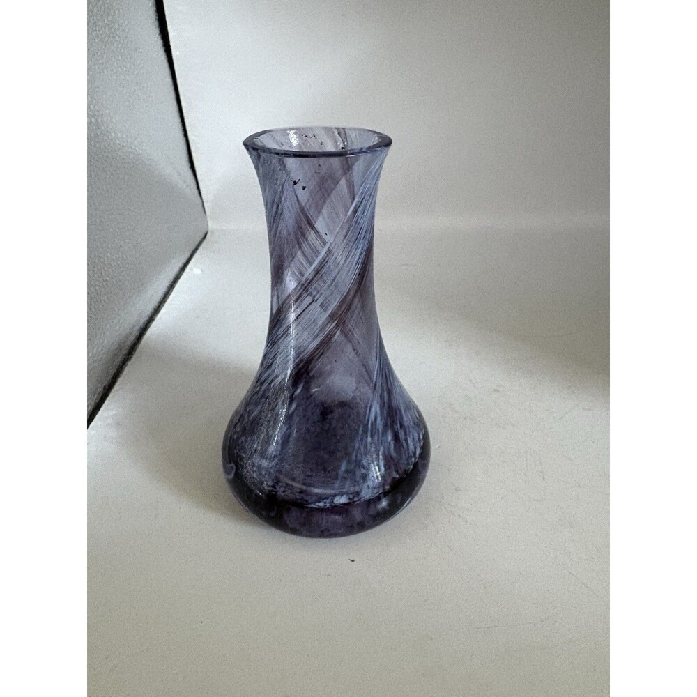 Purple/Blue Swirl Cathiness Style Art Glass  Small Bud Vase 4.5” Tall